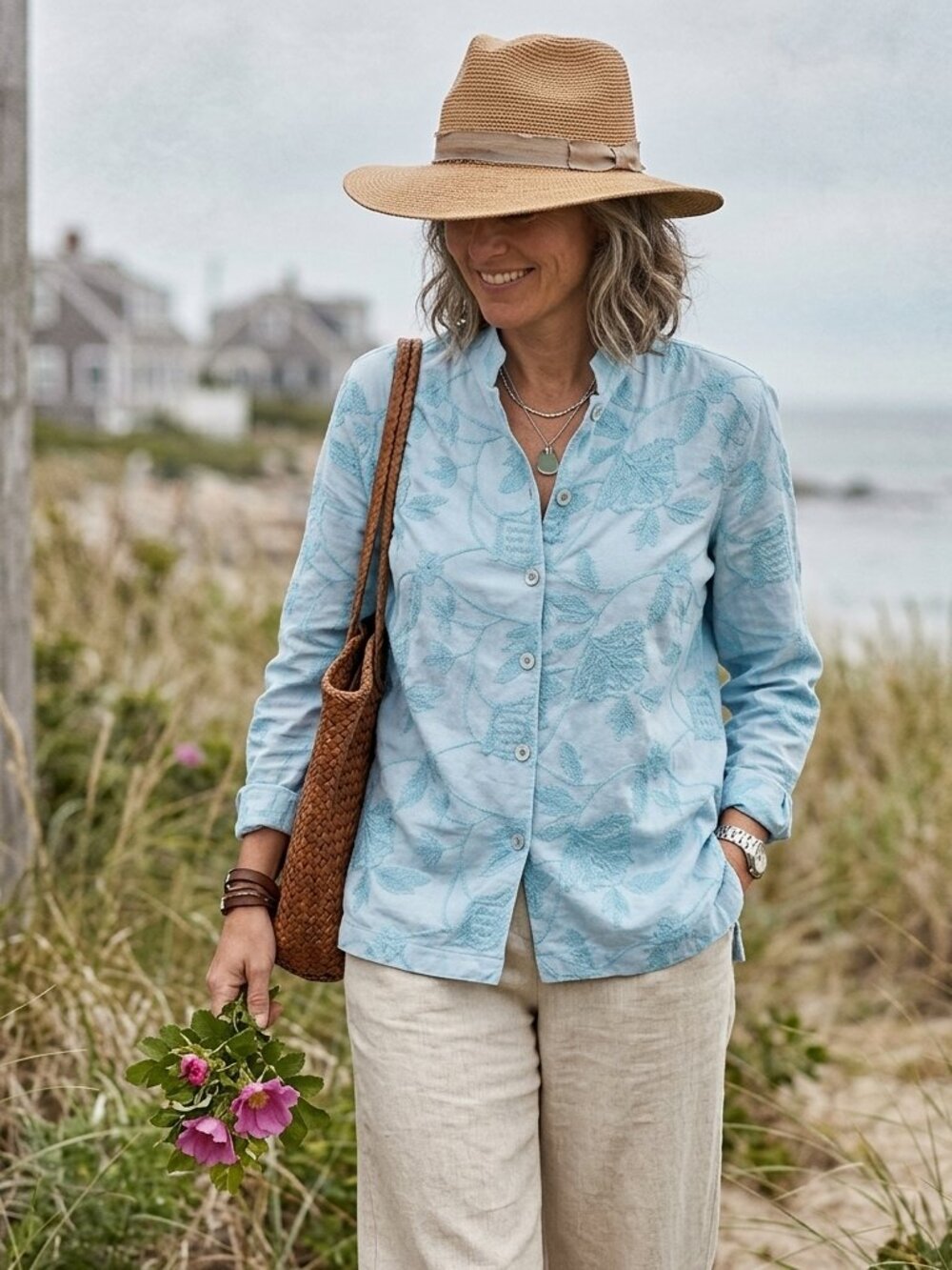 DRAPERS & DAMONS Button-Up Linen Blend Shacket Floral Embroidered Light Blue P-L
